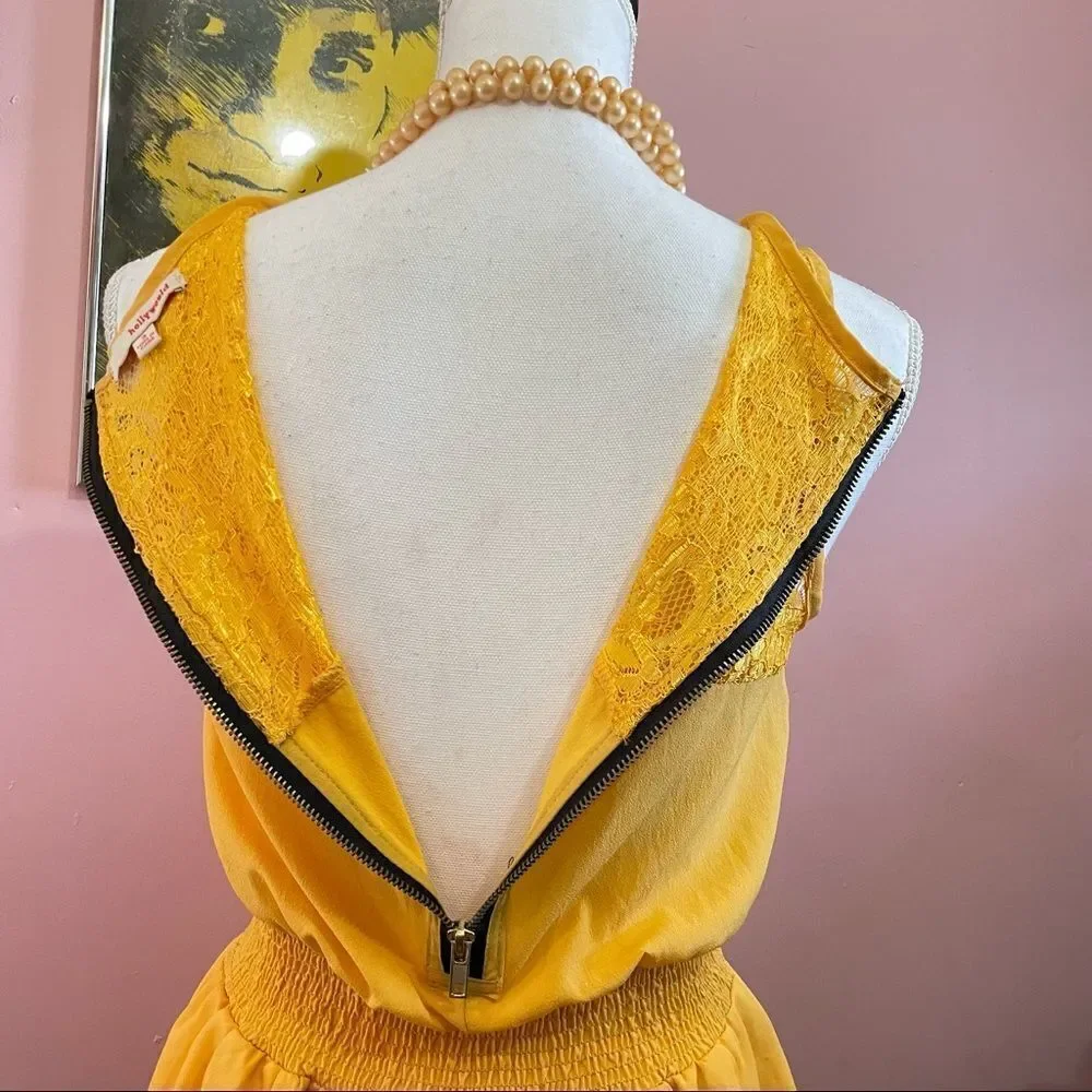 Hollywould Goldenrod Flowy Lace Wasp Waist Romper